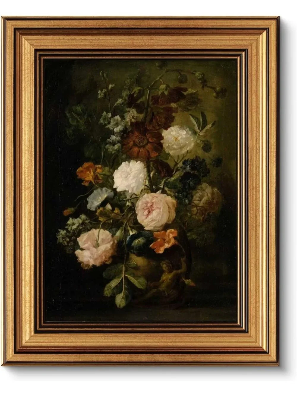 Vintage Floral Canvas Wall Art - Gold Frame Dark Flower Print for Rustic Decor